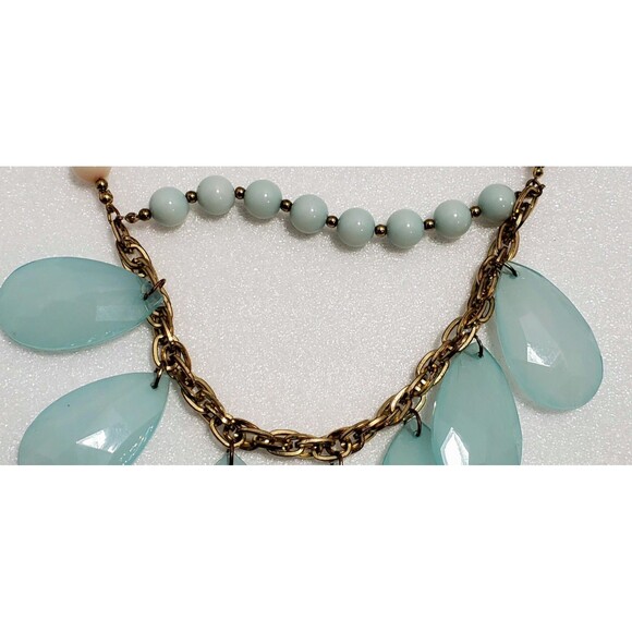 Statement Necklace & Earrings Set – Aqua Blue Teardrop Beads, Cream Floral... - Picture 4 of 13